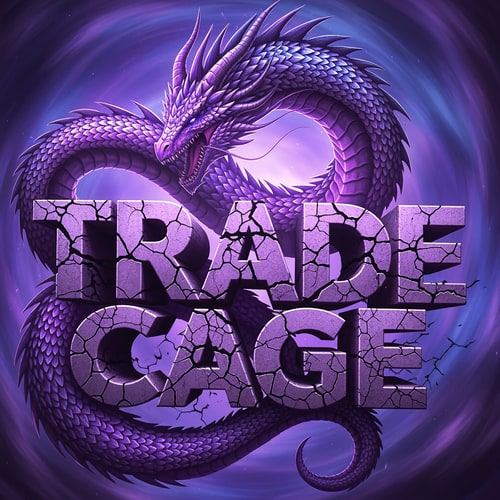 AI Design for a highly solid text maybe with cracks the text saying : TRADE CAGE, and a big levithan or dragon going around from front and back of the text with its body going around iit the text solid like conqurete and use purplish colours the image should be 512sx512