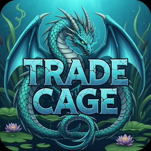 AI Design for a cool 512x512 logo with text TRADE CAGE a cool solid text with spooky theme and a dragon surronding the text colour theme : cyan , light blue , and acuatic theme lush grenny plants