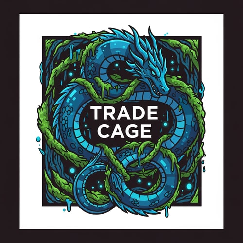 AI Design for A highly stylized, serpentine aquatic dragon coiling tightly around the solid, central logo text "TRADE CAGE", interwoven with dense, wet, lush greenery associated with underwater caves. — Tight, centered square logo mark designed as a scalable vector emblem, with the dragon functioning as a powerful frame for the text. — Dominant use of deep cyan and vibrant light blue, accented by emerald aquatic greens and mossy highlights. — Eerie, subterranean, bioluminescent glow, creating a spooky and mysterious atmosphere, suggesting deep water. — Clean graphic design, executed as modern vector art with thick, decisive lines and solid color blocks, suitable for a professional brand mark. — Output must be a perfect 1:1 aspect ratio logo; keep text/logos/labels EXACTLY unchanged: "TRADE CAGE"; no rewriting, redrawing, correcting, or adding any text. — Solid, dark, monochromatic background to maximize focus on the emblem.