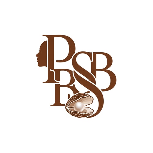 AI Design for The image displays a stylized monogram logo featuring intertwined letters 'P', 'S' , 'B' and 'S' in a brown hue against a white background. The letter 'P' incorporates a female profile silhouette on its left vertical stroke. The letter 'S' integrates a pearl nestled in an oyster-like shell at its base, which has a subtle gradient for a slightly three-dimensional effect. The overall style is elegant and classic, with a flat graphic aesthetic for the letters, contrasting with the nuanced shading of the pearl. The elements are tightly integrated, forming a cohesive, singular design.