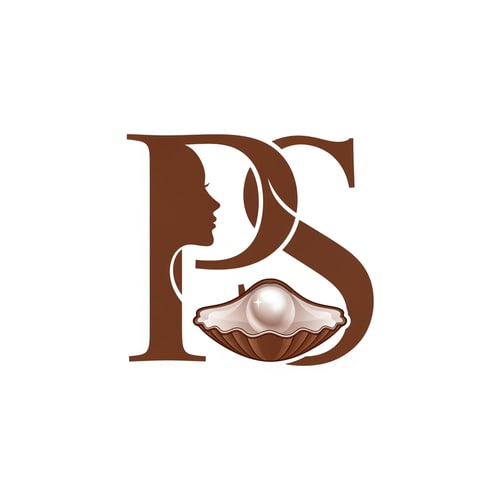 AI Design for The image displays a stylized monogram logo featuring intertwined letters 'P', and 'S' in a brown hue against a white background. The letter 'P' incorporates a female profile silhouette on its left vertical stroke. The letter 'S' integrates a pearl nestled in an oyster-like shell at its base, which has a subtle gradient for a slightly three-dimensional effect. The overall style is elegant and classic, with a flat graphic aesthetic for the letters, contrasting with the nuanced shading of the pearl. The elements are tightly integrated, forming a cohesive, singular design.