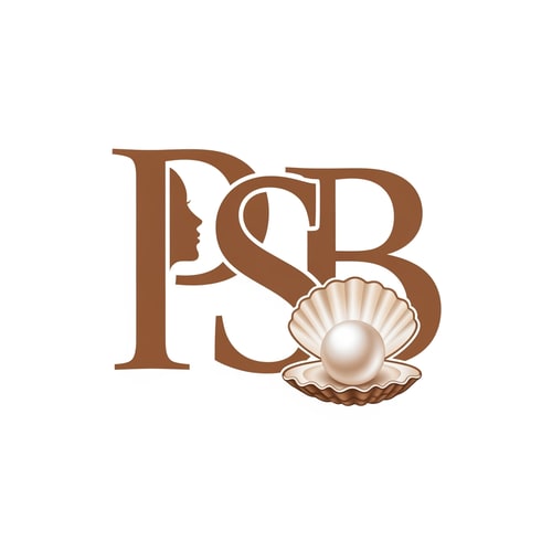 AI Design for The image displays a stylized monogram logo featuring intertwined letters 'P', 'S' , 'B' and 'S' in a brown hue against a white background. The letter 'P' incorporates a female profile silhouette on its left vertical stroke. The letter 'S' integrates a pearl nestled in an oyster-like shell at its base, which has a subtle gradient for a slightly three-dimensional effect. The overall style is elegant and classic, with a flat graphic aesthetic for the letters, contrasting with the nuanced shading of the pearl. The elements are tightly integrated, forming a cohesive, singular design.