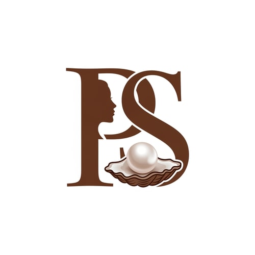 AI Design for The image displays a stylized monogram logo featuring intertwined letters 'P', and 'S' in a brown hue against a white background. The letter 'P' incorporates a female profile silhouette on its left vertical stroke. The letter 'S' integrates a pearl nestled in an oyster-like shell at its base, which has a subtle gradient for a slightly three-dimensional effect. The overall style is elegant and classic, with a flat graphic aesthetic for the letters, contrasting with the nuanced shading of the pearl. The elements are tightly integrated, forming a cohesive, singular design.