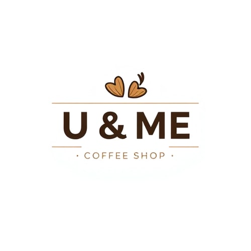 AI Design for "U & ME" Coffee Shop Logo — Modern and clean design, Monochromatic with warm wood accents, Soft and inviting, Contemporary illustration, Minimalist vector art, White background.