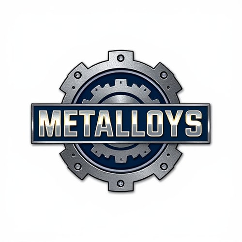 AI Design for Emblem for a scrap metal company specializing in nonferrous metals called Metalloys: A stylized depiction of various nonferrous metals interlocking with gears and industrial elements, suggesting recycling and transformation. The color palette should consist of metallic blues, silvers, and deep grays, with subtle hints of burnished copper or brass. Typography should be bold, sans-serif, and industrial, with a slightly distressed texture. Design with a strong influence from art deco and industrial design, emphasizing geometric shapes and robust lines. The visual execution details should include sharp, defined edges and a sense of weight and solidity. Background type should be a subtle, textured metallic gradient.
