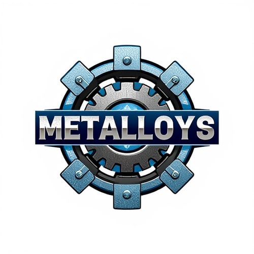 AI Design for Emblem for a scrap metal company specializing in nonferrous metals called Metalloys: A stylized depiction of various nonferrous metals interlocking with gears and industrial elements, suggesting recycling and transformation. The color palette should consist of metallic blues, silvers, and deep grays, with subtle hints of burnished copper or brass. Typography should be bold, sans-serif, and industrial, with a slightly distressed texture. Design with a strong influence from art deco and industrial design, emphasizing geometric shapes and robust lines. The visual execution details should include sharp, defined edges and a sense of weight and solidity. Background type should be a subtle, textured metallic gradient.
