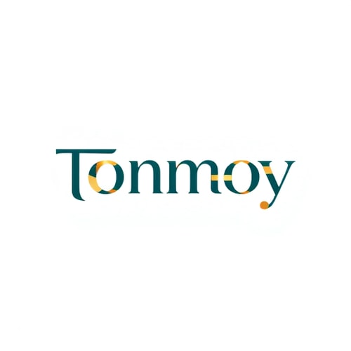 AI Design for Letterform logo for a modern design studio named "Tonmoy": Abstract and flowing letterforms that subtly hint at creativity and innovation, using a sophisticated color palette of deep teal, brushed gold, and a hint of charcoal grey. The typography is elegant and custom-designed, with sharp serifs and subtle ligatures. Design inspired by contemporary art and architectural minimalism, with clean lines and balanced negative space. Visual execution should be smooth and polished, with a subtle metallic sheen on the gold elements. Solid, off-white background.