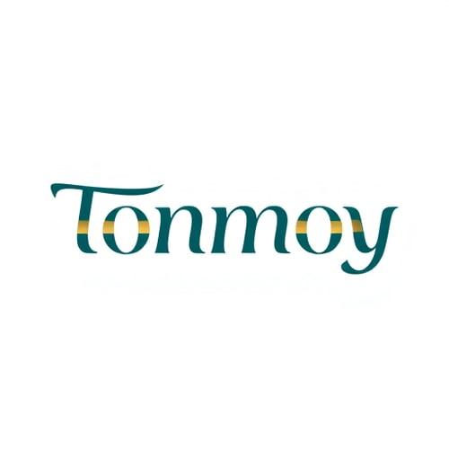 AI Design for Letterform logo for a modern design studio named "Tonmoy": Abstract and flowing letterforms that subtly hint at creativity and innovation, using a sophisticated color palette of deep teal, brushed gold, and a hint of charcoal grey. The typography is elegant and custom-designed, with sharp serifs and subtle ligatures. Design inspired by contemporary art and architectural minimalism, with clean lines and balanced negative space. Visual execution should be smooth and polished, with a subtle metallic sheen on the gold elements. Solid, off-white background.