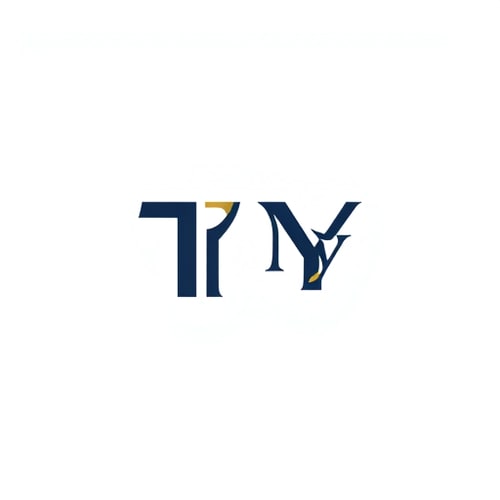 AI Design for Letterform for a modern stationary brand named "Ty": A clean and geometric arrangement of the letters T and Y, with subtle interlocking elements to create a unified and sophisticated mark, featuring a palette of deep navy blue, crisp white, and a touch of brushed gold, utilizing a sleek sans-serif font with slightly rounded edges, inspired by Bauhaus and Swiss design principles, with sharp lines and negative space to emphasize clarity, and a plain white background.