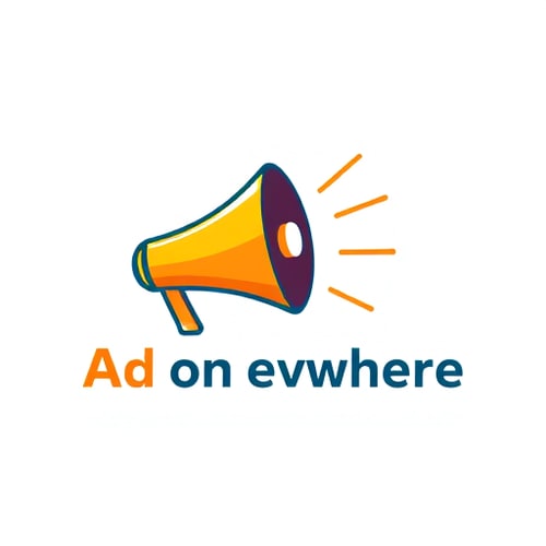 AI Design for Pictorial logo for an offline marketing business named "Ad on everywhere": A stylized megaphone with sound waves radiating outwards, symbolizing widespread reach and communication, Vibrant gradient of orange, yellow, and a touch of deep blue, representing energy, optimism, and professionalism, Bold, sans-serif font for "Ad on everywhere", with slightly rounded edges for approachability. Design inspired by vintage advertising posters and modern graphic design, with a clean and impactful visual style, featuring sharp lines and clear shapes, ensuring scalability and memorability, Solid white background.