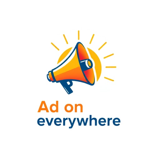 AI Design for Pictorial logo for an offline marketing business named "Ad on everywhere": A stylized megaphone with sound waves radiating outwards, symbolizing widespread reach and communication, Vibrant gradient of orange, yellow, and a touch of deep blue, representing energy, optimism, and professionalism, Bold, sans-serif font for "Ad on everywhere", with slightly rounded edges for approachability. Design inspired by vintage advertising posters and modern graphic design, with a clean and impactful visual style, featuring sharp lines and clear shapes, ensuring scalability and memorability, Solid white background.