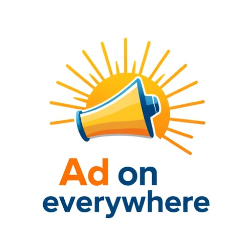 AI Design for Pictorial logo for an offline marketing business, Ad on everywhere: A stylized megaphone with sound waves radiating outwards, symbolizing widespread reach and communication. Vibrant gradient of orange, yellow, and a touch of deep blue, representing energy, optimism, and professionalism. Bold, sans-serif font for "Ad on everywhere", with slightly rounded edges for approachability. Design inspired by vintage advertising posters and modern graphic design, with a clean and impactful visual style. Visual execution will feature sharp lines and clear shapes, ensuring scalability and memorability. Solid white background.