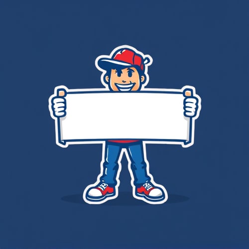 AI Design for generate a mascot logo of a person holding banner with both his hands for offline marketing (simple design)