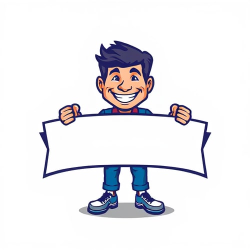AI Design for generate a mascot logo of a person holding banner with both his hands for offline marketing (simple design) without background a png