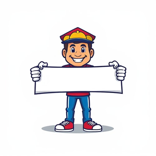 AI Design for generate a mascot logo of a person holding banner with both his hands for offline marketing (simple design) without background a png