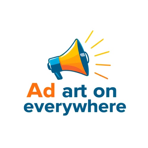 AI Design for Pictorial logo for an offline marketing business named "Ad on everywhere": A stylized megaphone with sound waves radiating outwards, symbolizing widespread reach and communication, Vibrant gradient of orange, yellow, and a touch of deep blue, representing energy, optimism, and professionalism, Bold, sans-serif font for "Ad on everywhere", with slightly rounded edges for approachability. Design inspired by vintage advertising posters and modern graphic design, with a clean and impactful visual style, featuring sharp lines and clear shapes, ensuring scalability and memorability, Solid white background. with bilboard