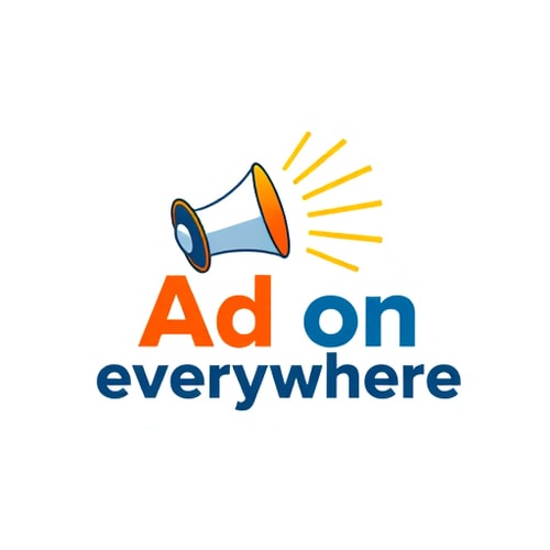 AI Design for Pictorial logo for an offline marketing business named "Ad on everywhere": A stylized megaphone with sound waves radiating outwards, symbolizing widespread reach and communication, Vibrant gradient of orange, yellow, and a touch of deep blue, representing energy, optimism, and professionalism, Bold, sans-serif font for "Ad on everywhere", with slightly rounded edges for approachability. Design inspired by vintage advertising posters and modern graphic design, with a clean and impactful visual style, featuring sharp lines and clear shapes, ensuring scalability and memorability, Solid white background. with bilboard