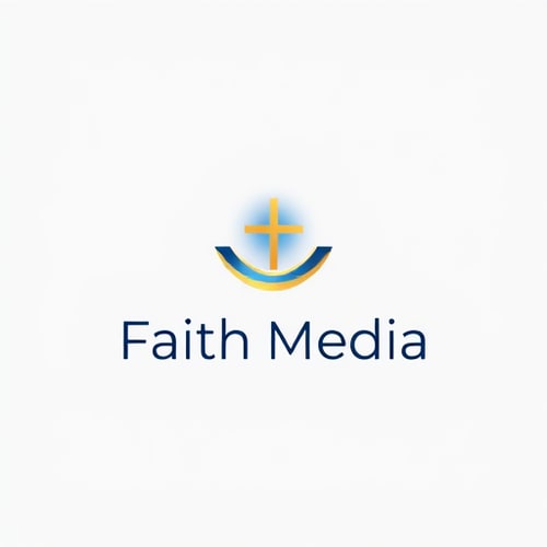 AI Design for Minimalist logo for faith media named "Faith Media": A subtle, integrated cross within an abstract, flowing design that suggests connection and broadcast, deep blues and soft golds, with touches of white for highlights. Typography should be clean, modern sans-serif, with slightly rounded edges to feel approachable. Design with a modern, ethereal influence, focusing on smooth, organic lines that merge seamlessly. Visual execution using gradients and subtle light effects to give a sense of depth and spirituality. Solid, light grey background.