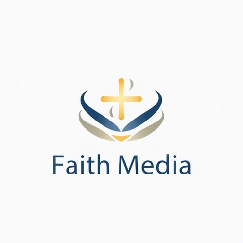 AI Design for Minimalist logo for faith media named "Faith Media": A subtle, integrated cross within an abstract, flowing design that suggests connection and broadcast, deep blues and soft golds, with touches of white for highlights. Typography should be clean, modern sans-serif, with slightly rounded edges to feel approachable. Design with a modern, ethereal influence, focusing on smooth, organic lines that merge seamlessly. Visual execution using gradients and subtle light effects to give a sense of depth and spirituality. Solid, light grey background.