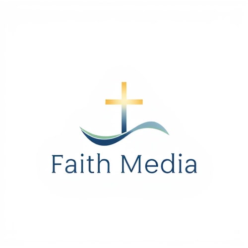 AI Design for Minimalist logo for faith media named "Faith Media": A subtle, integrated cross within an abstract, flowing design that suggests connection and broadcast. Primarily, a palette of deep blues and soft golds, with touches of white for highlights. Typography should be clean, modern sans-serif, with slightly rounded edges to feel approachable. Design with a modern, ethereal influence, focusing on smooth, organic lines that merge seamlessly. Visual execution using gradients and subtle light effects to give a sense of depth and spirituality. Solid, light grey background.