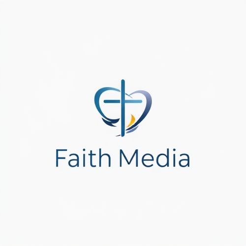 AI Design for Minimalist logo for faith media named "Faith Media": A subtle, integrated cross within an abstract, flowing design that suggests connection and broadcast. Primarily, a palette of deep blues and soft golds, with touches of white for highlights. Typography should be clean, modern sans-serif, with slightly rounded edges to feel approachable. Design with a modern, ethereal influence, focusing on smooth, organic lines that merge seamlessly. Visual execution using gradients and subtle light effects to give a sense of depth and spirituality. Solid, light grey background.