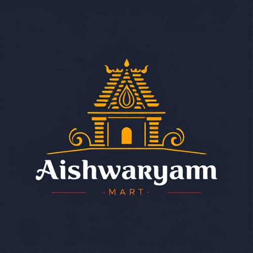 AI Design for Tamilnadu style temple Gopuram with deepam logo design for Departmental Store Names Aishwaryam Mart