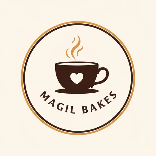 AI Design for Magil Bakes Name need a circle emblem logo With tea cup shape