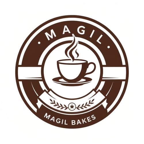 AI Design for Magil Bakes Name need a circle emblem logo With tea cup shape