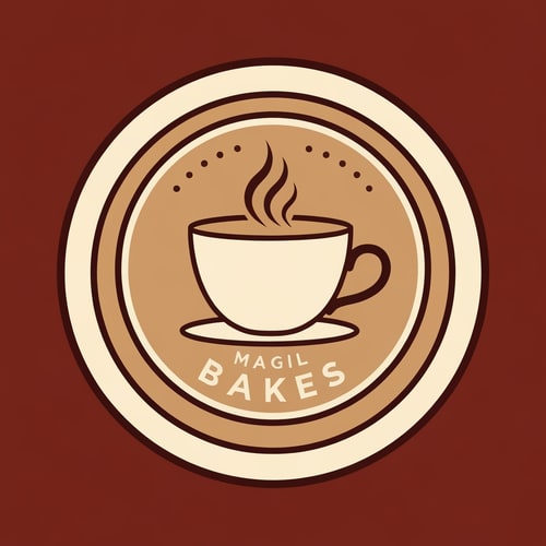 AI Design for Magil Bakes Name need a circle emblem logo With tea cup shape