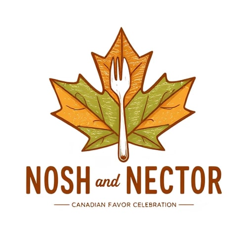 AI Design for Pictorial logo for a Canadian flavor celebration brand named "NOSH AND NECTOR": Maple leaf interwoven with a fork and spoon, emphasizing Canadian heritage and culinary delight, Warm earthy tones of maple brown, forest green, and subtle harvest gold, Rustic, hand-drawn serif font with slightly imperfect edges, inspired by Canadian landscape paintings and artisanal crafts, intricate linework for the leaf veins and utensil details, with a textured fill for a natural feel, transparent background