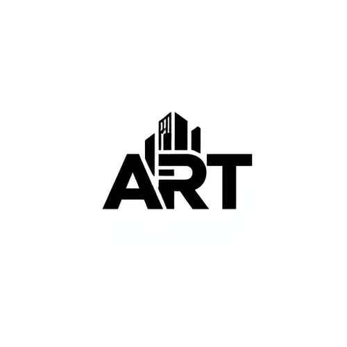 AI Design for Design a bold black and white logo for a construction company using the letters ART as the main element. Incorporate a stylized building or skyscraper within or around the letters to symbolize construction, strength, and modern architecture. The logo should be minimal, geometric, and professional, with sharp lines and strong contrast. Use only solid black and white for maximum clarity and timeless appeal.