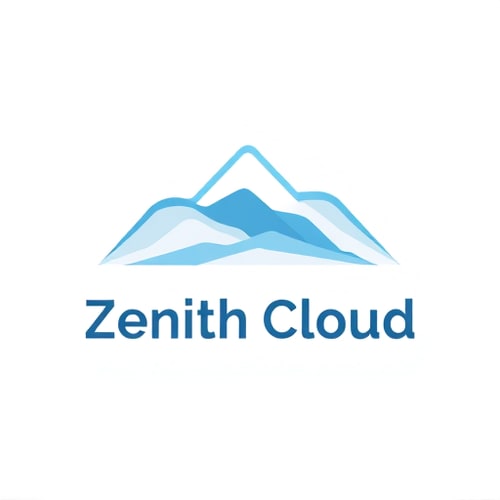 AI Design for Minimalist for a tech startup offering cloud storage services named "Zenith Cloud": Abstract mountain peak formed by abstract cloud shapes, cool blues and grays with a hint of sky blue, clean sans-serif font with rounded edges. Design with a focus on simplicity and scalability, digital illustration style with smooth gradients, solid white background.