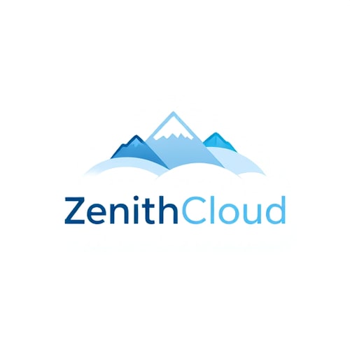 AI Design for Minimalist for a tech startup offering cloud storage services named "Zenith Cloud": Abstract mountain peak formed by abstract cloud shapes, cool blues and grays with a hint of sky blue, clean sans-serif font with rounded edges. Design with a focus on simplicity and scalability, digital illustration style with smooth gradients, solid white background.