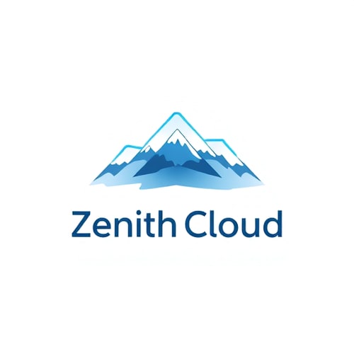AI Design for Minimalist for a tech startup offering cloud storage services named "Zenith Cloud": Abstract mountain peak formed by abstract cloud shapes, cool blues and grays with a hint of sky blue, clean sans-serif font with rounded edges. Design with a focus on simplicity and scalability, digital illustration style with smooth gradients, solid white background.