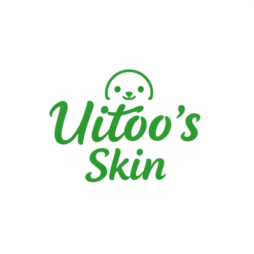 AI Design for genera un logo per Uitóo's Skin, sul verde chiaro e scuro, la scritta deve essere simile a quella fatta dalle brush pen.. come emoji vorrei l'emoji dell'ago, del filo, della lana e del bottone, tutti sul verde. vorrei qualcosa di più bello