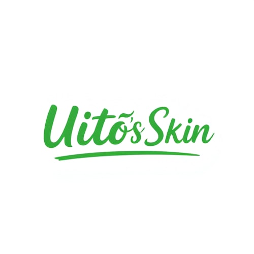 AI Design for genera un logo per Uitóo's Skin, sul verde chiaro e scuro, la scritta deve essere simile a quella fatta dalle brush pen. come emoji vorrei l'emoji dell'ago, del filo, della lana e del bottone, tutti sul verde