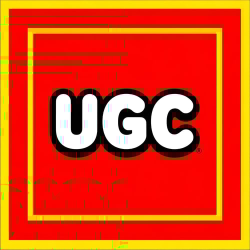AI Design for Create an image inspired by the classic LEGO logo. Use the same layout, proportions, and color scheme: a bright red square background with a thin white border and a thick yellow outline inside it. In the center, replace the word “LEGO” with “UGC” in the same bold, rounded font style as the original LEGO logo. Match the font’s white letters with black shadowing and yellow outline exactly as in the classic LEGO design. Make sure it looks authentic and high quality.