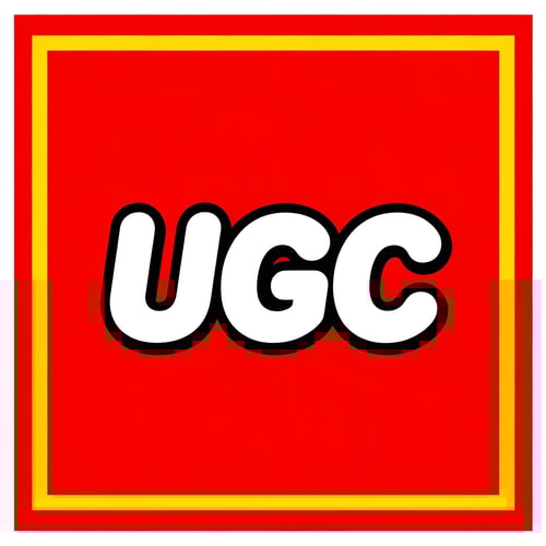 AI Design for Create an image inspired by the classic LEGO logo. Use the same layout, proportions, and color scheme: a bright red square background with a thin white border and a thick yellow outline inside it. In the center, replace the word “LEGO” with “UGC” in the same bold, rounded font style as the original LEGO logo. Match the font’s white letters with black shadowing and yellow outline exactly as in the classic LEGO design. Make sure it looks authentic and high quality.
