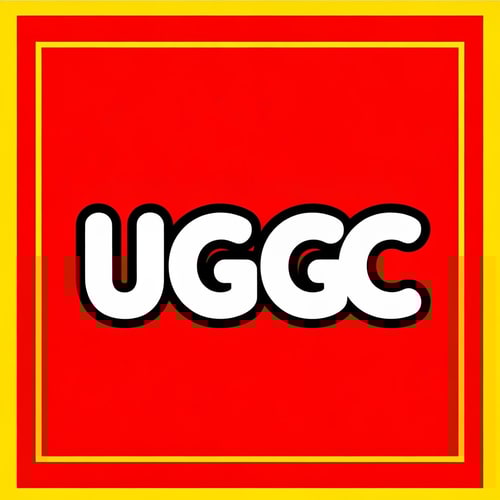 AI Design for Create an image inspired by the classic LEGO logo. Use the same layout, proportions, and color scheme: a bright red square background with a thin white border and a thick yellow outline inside it. In the center, replace the word “LEGO” with “UGC” in the same bold, rounded font style as the original LEGO logo. Match the font’s white letters with black shadowing and yellow outline exactly as in the classic LEGO design. Make sure it looks authentic and high quality.