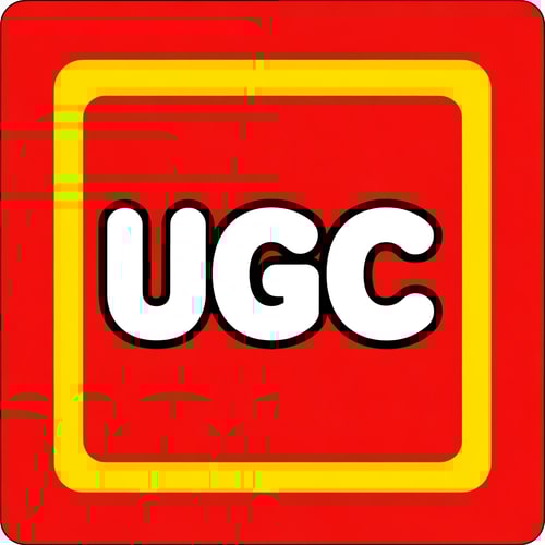 AI Design for Create an image inspired by the classic LEGO logo. Use the same layout, proportions, and color scheme: a bright red square background with a thin white border and a thick yellow outline inside it. In the center, replace the word “LEGO” with “UGC” in the same bold, rounded font style as the original LEGO logo. Match the font’s white letters with black shadowing and yellow outline exactly as in the classic LEGO design. Make sure it looks authentic and high quality.
