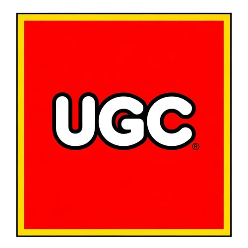 AI Design for Create an image inspired by the classic LEGO logo. Use the same layout, proportions, and color scheme: a bright red square background with a thin white border and a thick yellow outline inside it. In the center, replace the word “LEGO” with “UGC” in the same bold, rounded font style as the original LEGO logo. Match the font’s white letters with black shadowing and yellow outline exactly as in the classic LEGO design. Make sure it looks authentic and high quality.