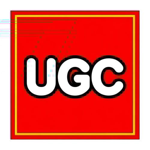 AI Design for Create an image inspired by the classic LEGO logo. Use the same layout, proportions, and color scheme: a bright red square background with a thin white border and a thick yellow outline inside it. In the center, replace the word “LEGO” with “UGC” in the same bold, rounded font style as the original LEGO logo. Match the font’s white letters with black shadowing and yellow outline exactly as in the classic LEGO design. Make sure it looks authentic and high quality.