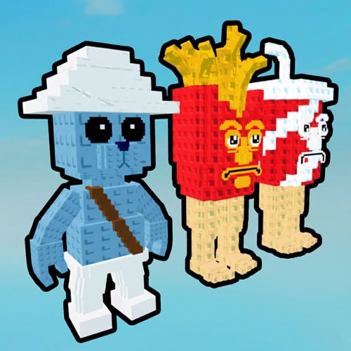 AI Design for replace this character with this character, KEEP THE ART STYLE DO NOT CHANGE ANYTHING ELSE. add the same black outline to the new blue character and make him face the right make sure on the the blue character is there not 3 characters