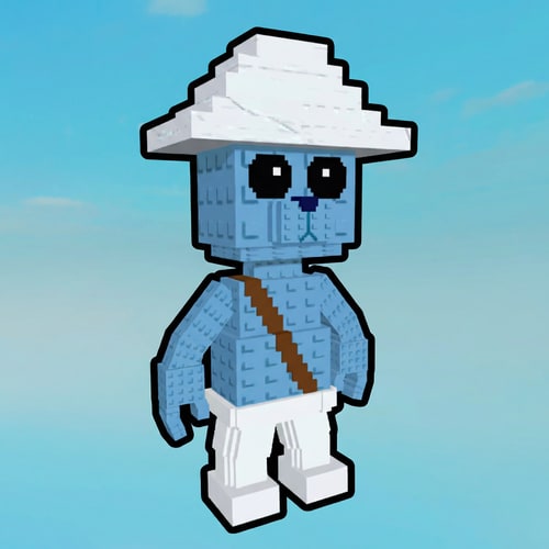AI Design for replace this character with this character, KEEP THE ART STYLE DO NOT CHANGE ANYTHING ELSE. add the same black outline to the new blue character and make him face the right make sure on the the blue character is there not 3 characters