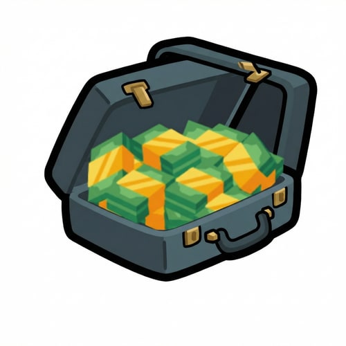 AI Design for put the money in a suitcase instead of a duffel bag DO NOT ALTER THE ART STYLE OF THE MONEY OR THE OVERALL STYLE