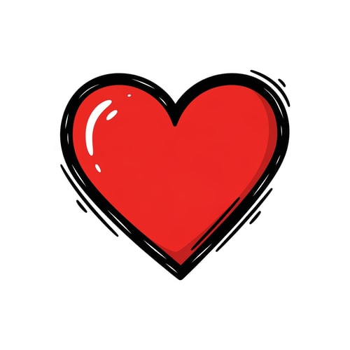 AI Design for A red heart icon drawn in a doodle style, thick uneven black contour lines, marker texture, energetic video game power-up, casual aesthetic similar to Roblox user-generated content (UGC), vector graphic, simple and bold, white background