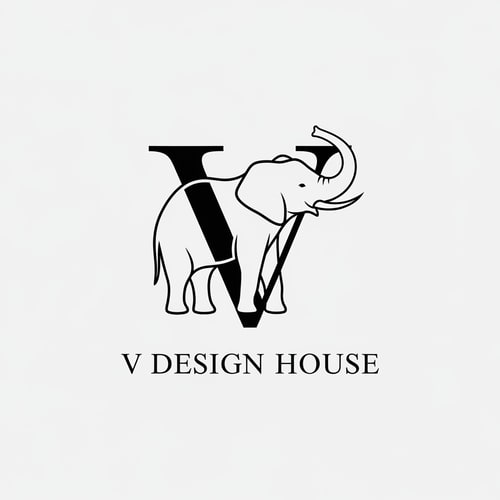 AI Design for A stylized elephant outline forming the letter “V”
Thin, elegant lines
Elephant trunk curved upward (symbol of luck & prosperity)
Text below:
V Design House
Font style: Modern serif (luxury look)