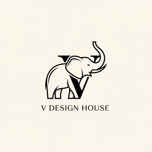 AI Design for A stylized elephant outline forming the letter “V”
Thin, elegant lines
Elephant trunk curved upward (symbol of luck & prosperity)
Text below:
V Design House
Font style: Modern serif (luxury look)