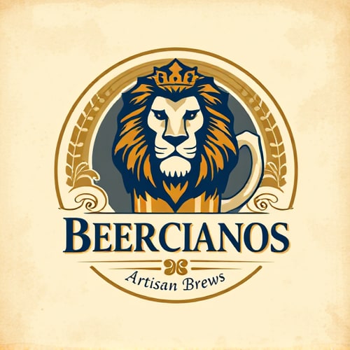 AI Design for Emblem for a sophisticated craft beer company named "Beercianos": A regal lion's head emerging from a stylized beer mug, symbolizing strength, quality, and the brewing tradition. Gold, deep navy blue, and cream, with accents of dark amber. Classic serif font for "Beercianos" and a smaller, more ornate script for a tagline like "Artisan Brews". Design with a vintage European heraldry influence, featuring intricate linework and subtle textures. Execute with a high level of detail in the lion's mane and the foam of the beer. Circular background with a distressed paper texture.