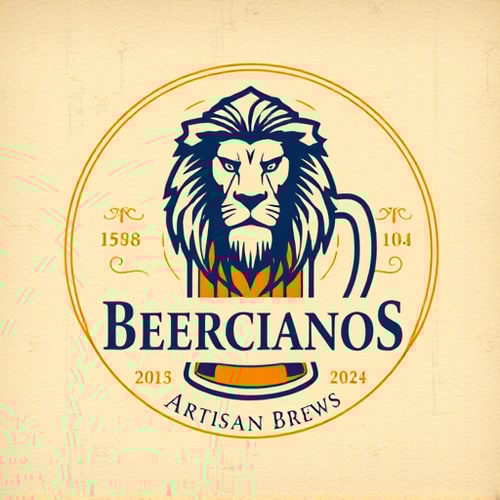 AI Design for Emblem for a sophisticated craft beer company named "Beercianos": A regal lion's head emerging from a stylized beer mug, symbolizing strength, quality, and the brewing tradition. Gold, deep navy blue, and cream, with accents of dark amber. Classic serif font for "Beercianos" and a smaller, more ornate script for a tagline like "Artisan Brews". Design with a vintage European heraldry influence, featuring intricate linework and subtle textures. Execute with a high level of detail in the lion's mane and the foam of the beer. Circular background with a distressed paper texture.